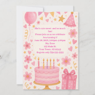 Rosa Kuchen, Geschenke, Balloons, Hüttenmädchen Ge Einladung