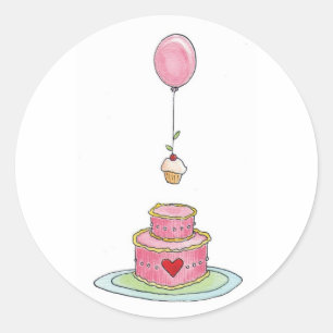 Rosa Kuchen mit Ballon und Cupcake Runder Aufkleber