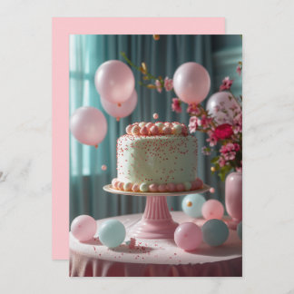 Rosa Kuchen und Balloons Einladung