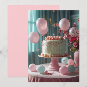 Rosa Kuchen und Luftballons Einladung