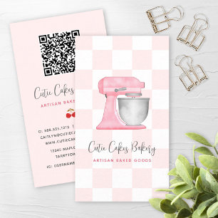 Rosa Küchenmixer mit kariertem QR-Code für die Bäc Visitenkarte