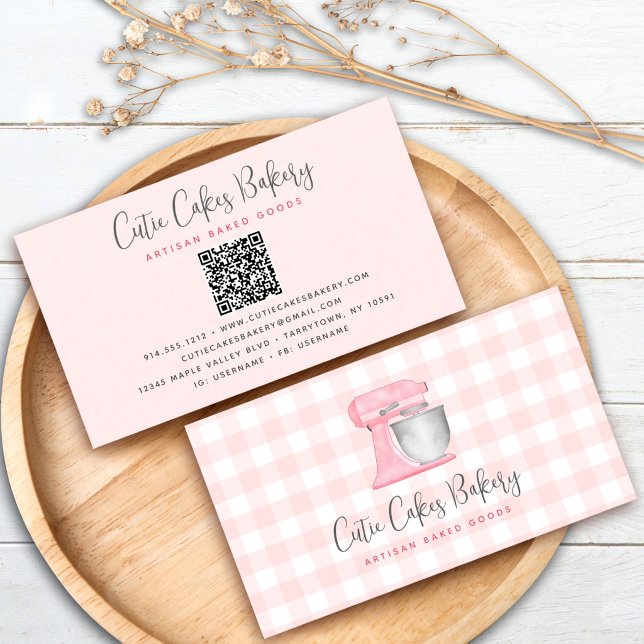 Rosa Küchenmixer QR Code Gingham Bäckerei Visitenkarte (Von Creator hochgeladen)
