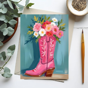 Rosa Kuhgirl-Stiefel-Blumenstrauß-Aquarell Postkarte