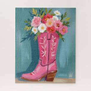 Rosa Kuhgirl-Stiefel-Blumenstrauß Aquarell Puzzle