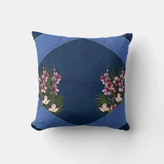 Rosa Künstlerische Blume auf der Navy Blue-Fabric- Kissen (Vorderseite)