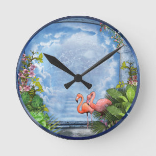 Rosa künstlerische Blumen auf Blauholz-Textur Runde Wanduhr