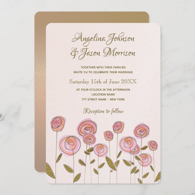 Rosa Künstlerische Rose Blumenzwiebeleinladung Einladung (Vorne/Hinten)