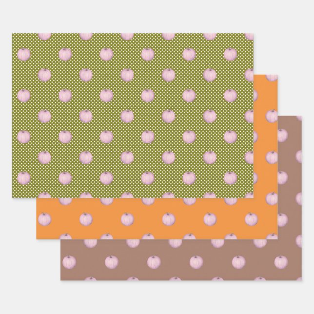 Rosa Kürbis auf Mocha Green und Orange Geschenkpapier Set (Set)