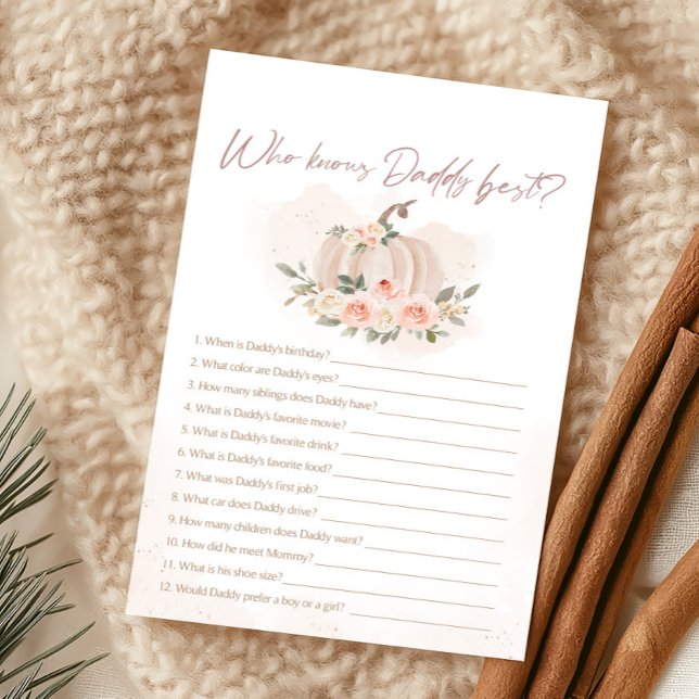 Rosa Kürbis-Spiel 'Wer kennt Daddy am besten?' (Girl Blush Pumpkin Baby Shower Who Knows Daddy Best Game)