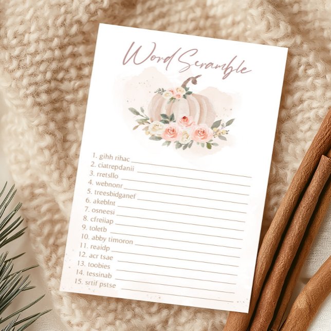 Rosa Kürbis-Wortverwirrspiel (Girl Blush Pumpkin Baby Shower Word Scramble Game)