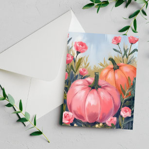 Rosa Kürbisflicken-Rosen-Blumen-Aquarell-Herbst Feiertagskarte