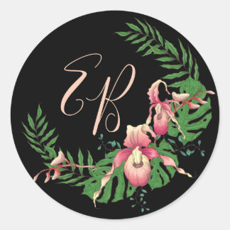 Rosa Lady Slipper Orchid Initials Classic Round St Runder Aufkleber