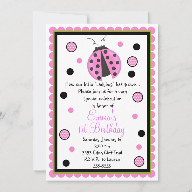 Rosa Ladybug - Einladungen zum Geburtstag (Vorderseite)