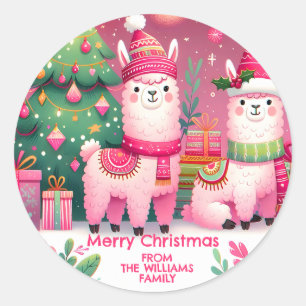 Rosa Lama Weihnachten Runder Aufkleber