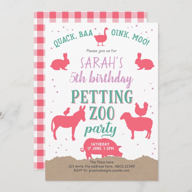 Rosa, Landtiere, Mädchen, verliebter Zoo Geburtsta Einladung (Vorne/Hinten)
