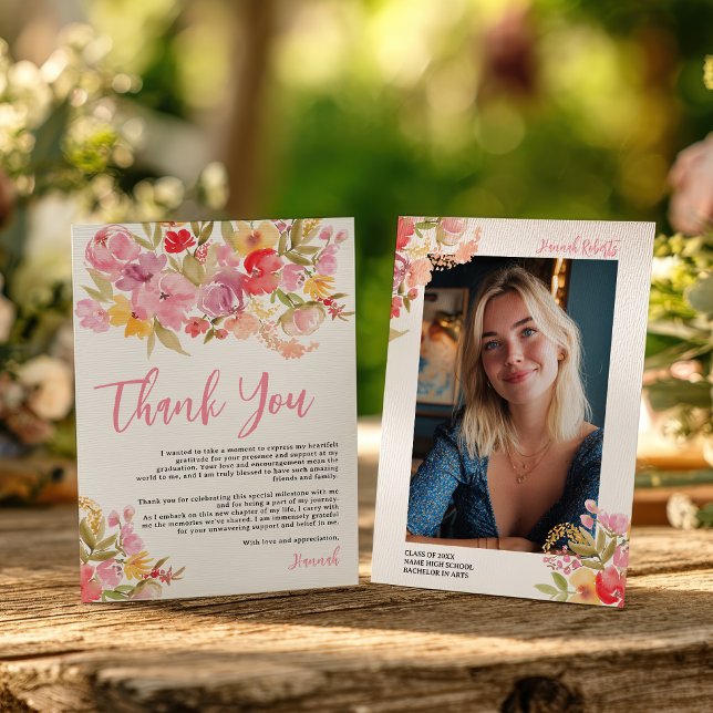 Rosa Lavendel-Aquarell-Blumen-Foto-Abschlussfeier Dankeskarte (Pink Lavender Watercolor Floral Photo Graduation Thank You Card)