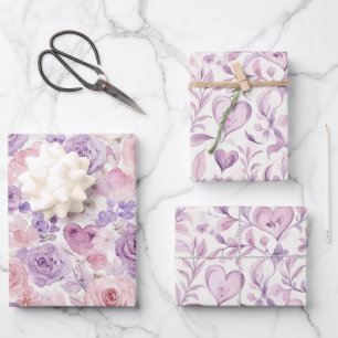 Rosa Lavendel Blumen Herzen Geburtstag Geschenkpapier Set