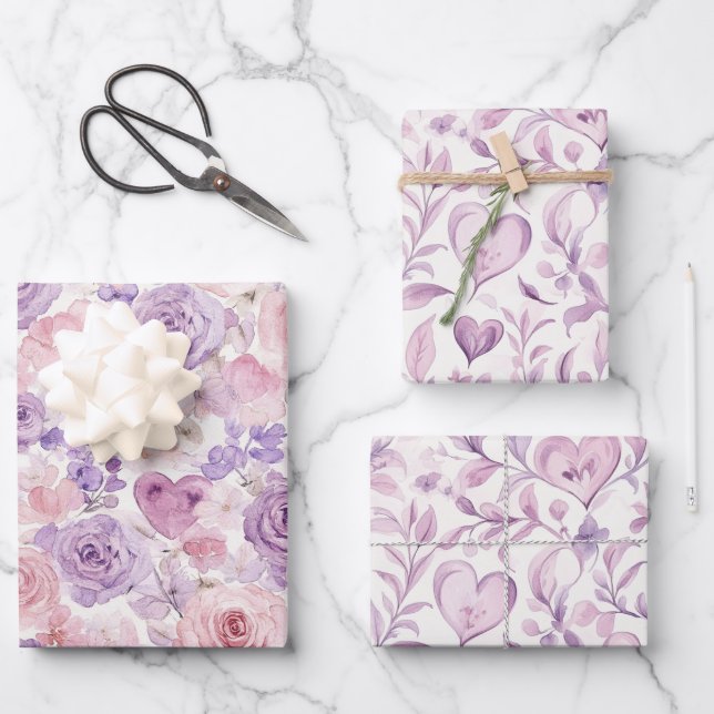 Rosa Lavendel Blumen Herzen Geburtstag Geschenkpapier Set (Vorderseite)