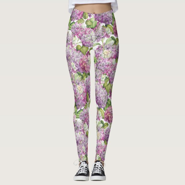 Rosa Lavendelhydrangea-Blumenmuster Leggings (Vorderseite)