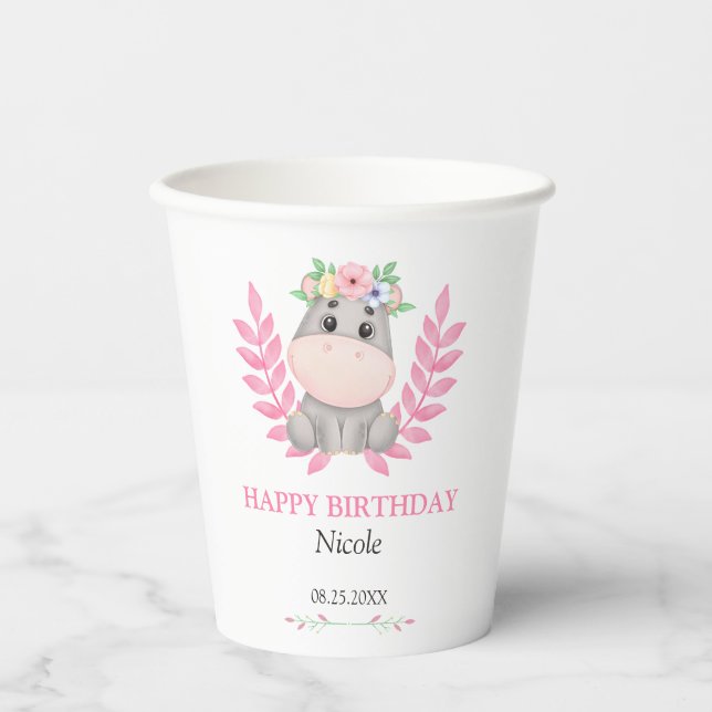 Rosa Leaf Niedlich Hippo Floral Happy Birthday Pappbecher (Vorderseite)