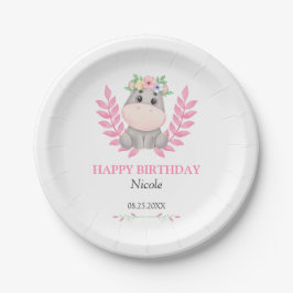 Rosa Leaf Niedlich Hippo Floral Happy Birthday Pappteller