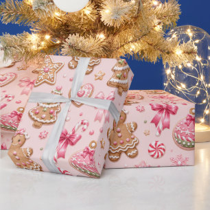 Rosa Lebkuchen-Kekse & Schleifen Weihnachtsmuster Geschenkpapier