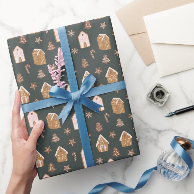 Rosa Lebkuchenhäuschen-Weihnachtsmuster Geschenkpapier (Schenken)