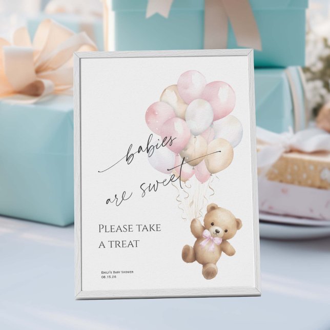 Rosa Leckerei Girl Dusche früh warten Poster (Pink Bearly wait, Baby Girl Shower Favor Sign.)