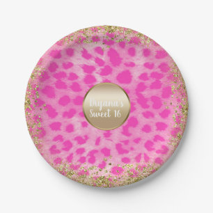 Rosa Leopard Cheetah Print Gold Glitzer Monogram Pappteller