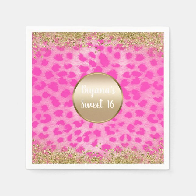 Rosa Leopard Cheetah Print Gold Glitzer Monogram Serviette (Vorderseite)