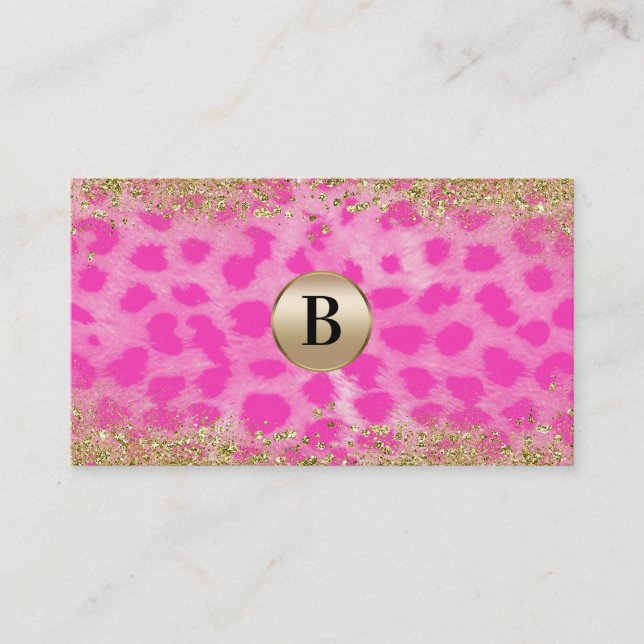 Rosa Leopard Cheetah Print Gold Glitzer Monogram Visitenkarte (Vorderseite)