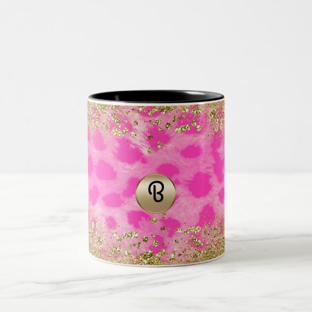 Rosa Leopard Cheetah Print Gold Glitzer Monogram Zweifarbige Tasse (Mittel)