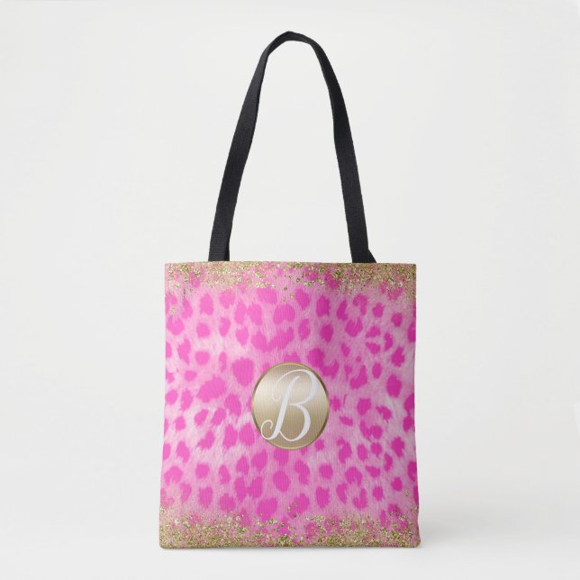 Rosa Leopard Gepard Druck Gold Glitter Monogramm (Vorderseite)