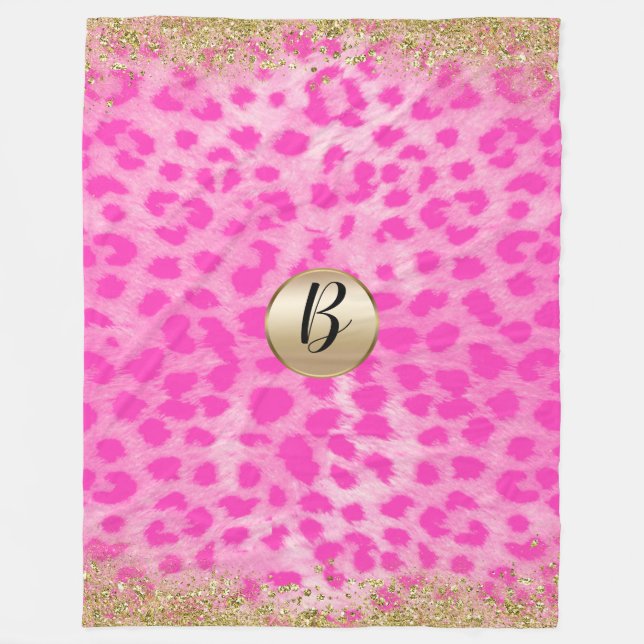 Rosa Leopard Gepard Druck Gold Glitter Monogramm Fleecedecke (Vorderseite)