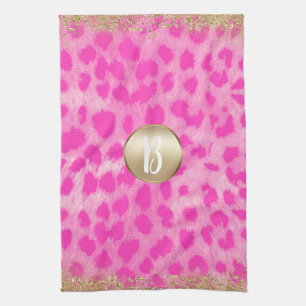 Rosa Leopard Gepard Druck Gold Glitter Monogramm Geschirrtuch