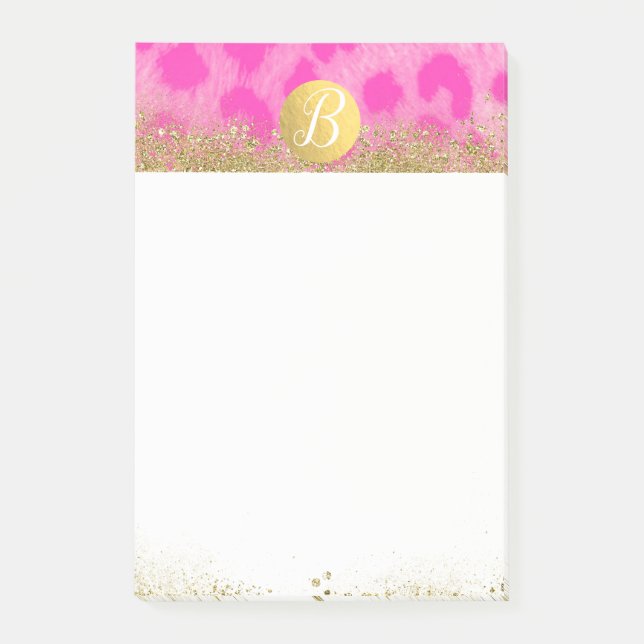 Rosa Leopard Gepard Druck Gold Glitter Monogramm Post-it Klebezettel (Vorderseite)