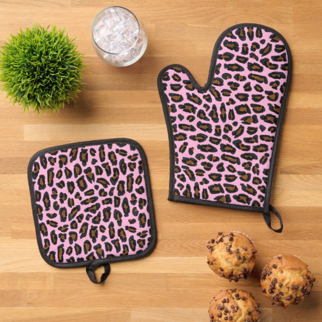 Rosa Leopard Ofenhandschuh & Topflappen-Set (Oben Unten)