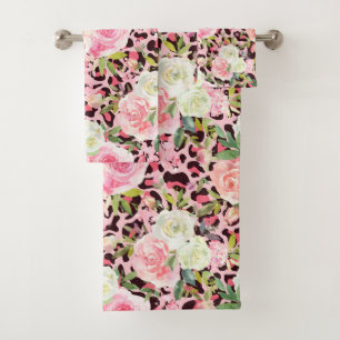 Rosa Leopard Print Aquarell Floral Badhandtuch Set
