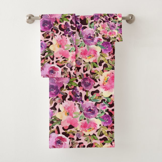 Rosa Leopard Print Aquarell Floral Badhandtuch Set (Insitu)