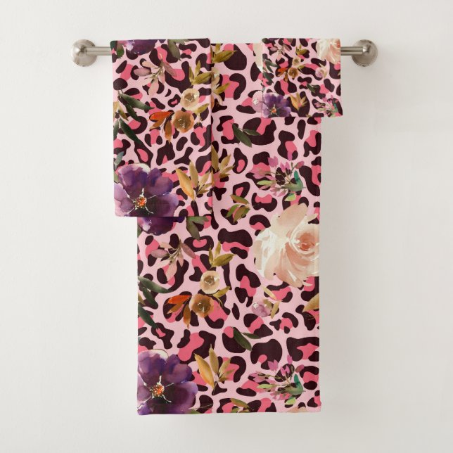 Rosa Leopard Print Aquarell Floral Badhandtuch Set (Insitu)