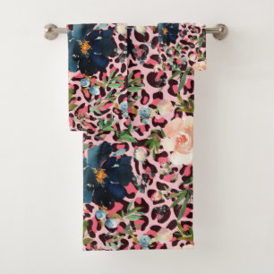 Rosa Leopard Print Aquarell Floral Badhandtuch Set