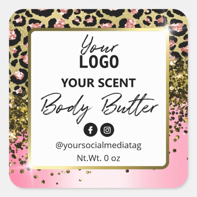 Rosa Leopard Print White Gold Body Butter Labels Quadratischer Aufkleber (Vorderseite)