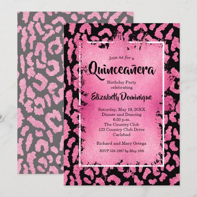 Rosa Leopard Quinceañera Geburtstagsparty Einladun (Vorne/Hinten)