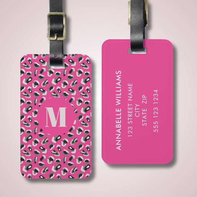 Rosa Leopardenmuster bei Tieren Gepäckanhänger (Hot pink animal print monogram luggage tag with personalized contact details to reverse.)