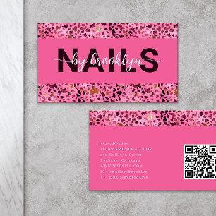 Rosa Leopardenprint Goldfolie QR-Code Nageltechnik Visitenkarte