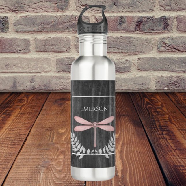 Rosa Libelle Rustikale Personalisiert Edelstahlflasche (Pink Dragonfly Rustic Personalized Stainless Steel Water Bottle)