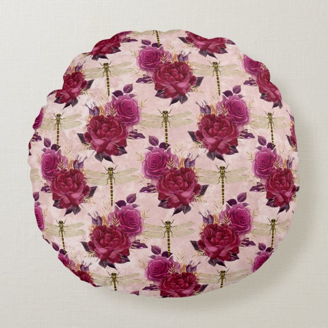 Rosa Libellen und Rose Rundes Kissen (Vorderseite)