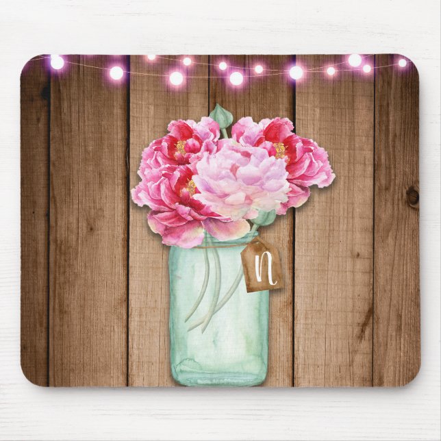Rosa Lichterkette & Mason Jar Blumen Rustikales Ho Mousepad (Vorne)