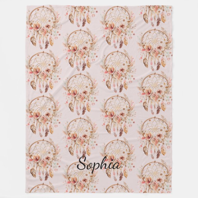 Rosa Liebe Boho Blumen Feathers Dream Catcher Fleecedecke (Vorderseite)