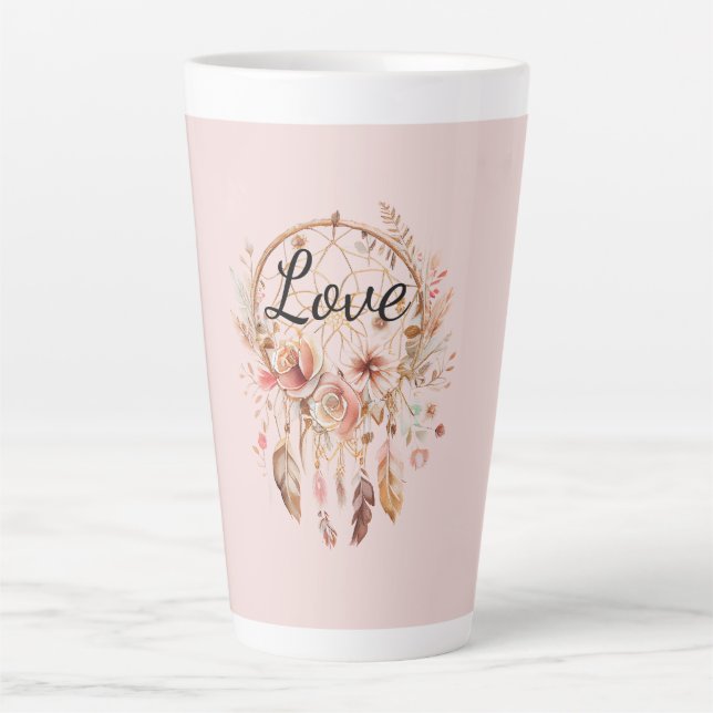 Rosa Liebe Boho Blumen Feathers Dream Catcher Milchtasse (Vorderseite)